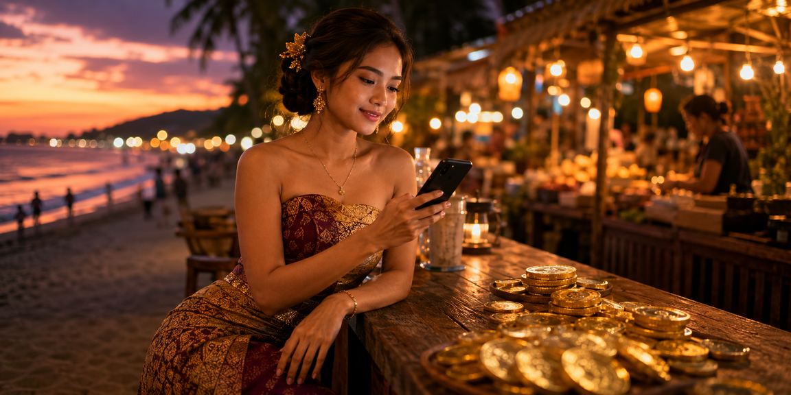 Suasana pasar malam kasino dengan cahaya warna-warni dan pengguna menikmati permainan mobile